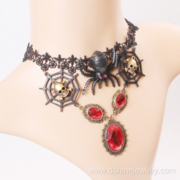 Spider skull charm choker Red stone pendant Lace Necklace